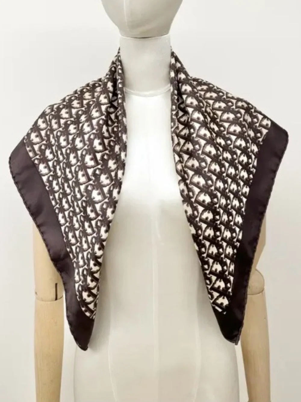 Vtg Christian Dior logo Silk Patterned Brown & Cream Scarf